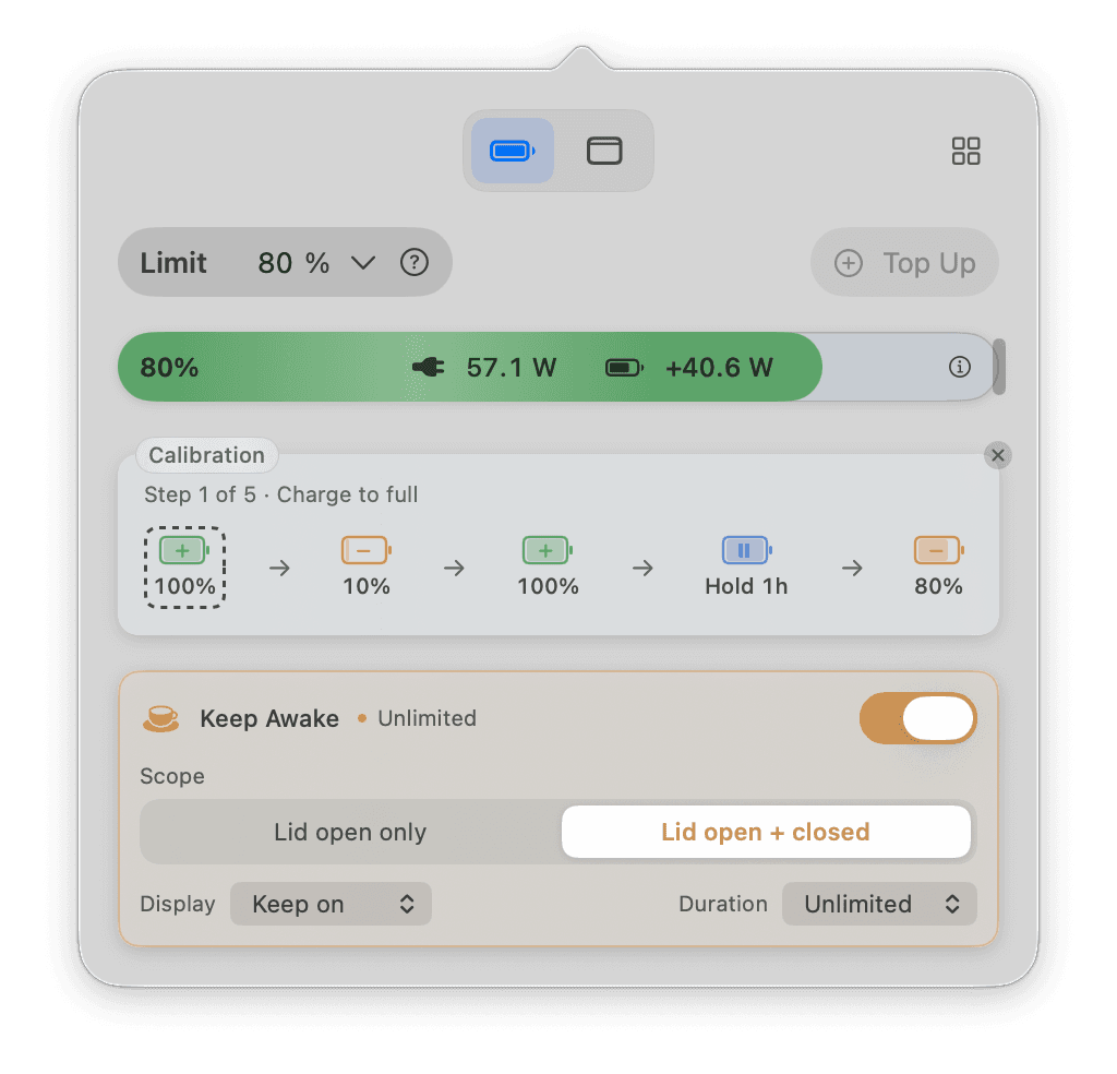 Liwu battery popover with an 80% regular target, power readings, calibration progress, and expanded Keep Awake controls