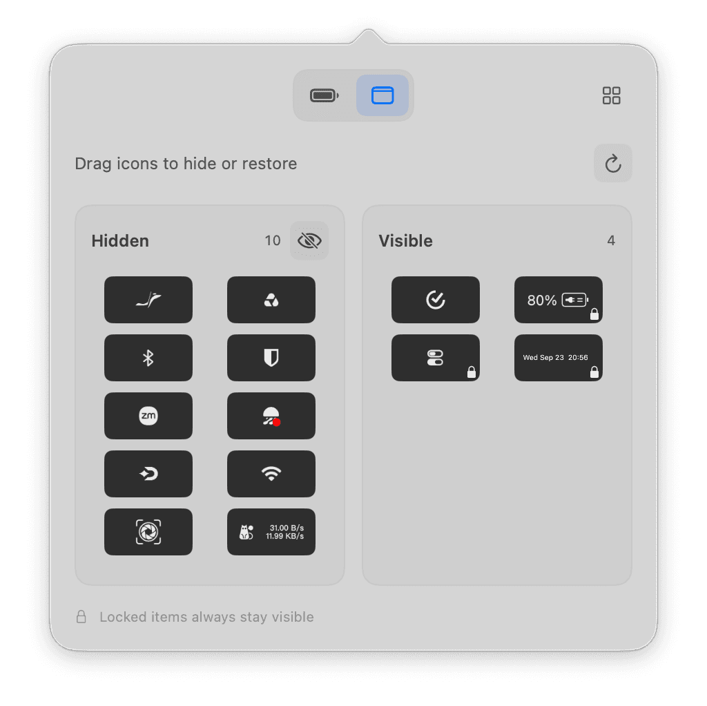 Liwu menu bar organizer with Hidden and Visible groups of menu bar icons