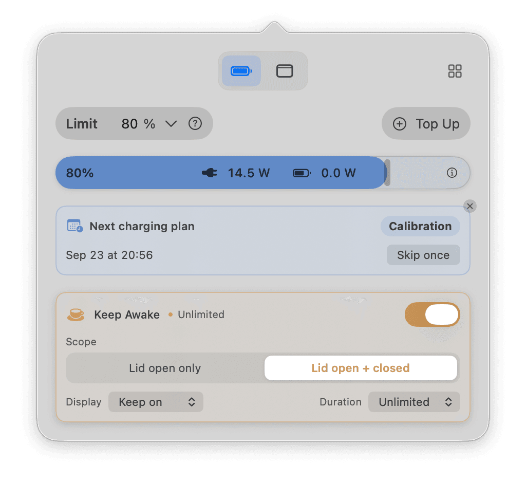 Liwu next charging plan card with a scheduled calibration and a Skip once button