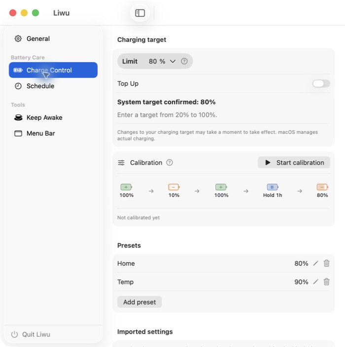 Setting a charge limit in Liwu